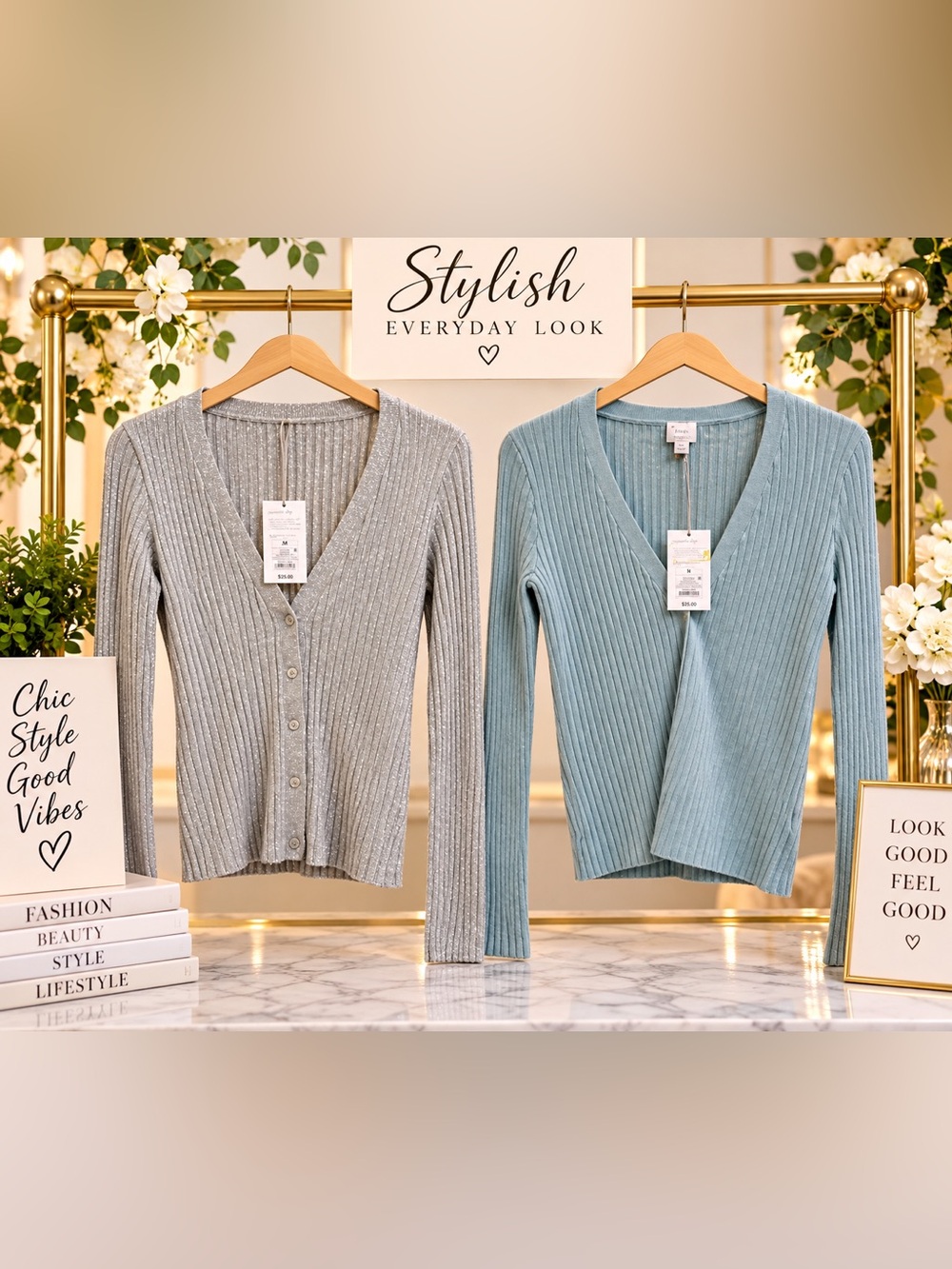 Silver Ribbed V-Neck Cardigan - Picture 1 of 2